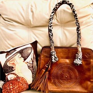Patricia Nash Large Paris Tote Bag Studded Cognac Distressed Vintage Tassels